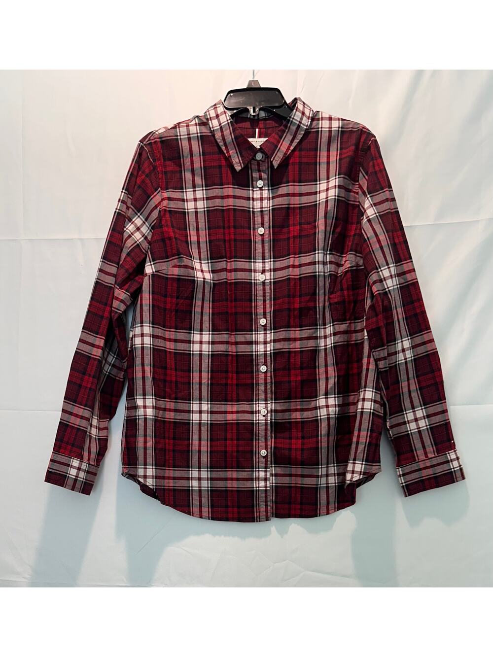 Tommy Hilfiger Plaid Shirt XL Maroon White Button Up Shirt Relaxed Fit NWT